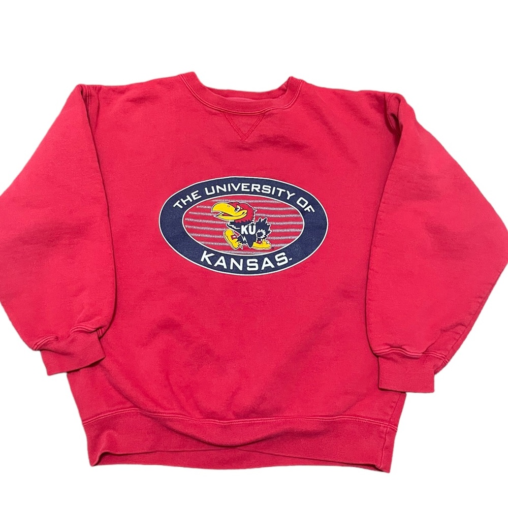 The University Of Kanas Crewneck Pullover Sweatshirt Red Y2K VTG Kids Medium - Picture 1 of 5